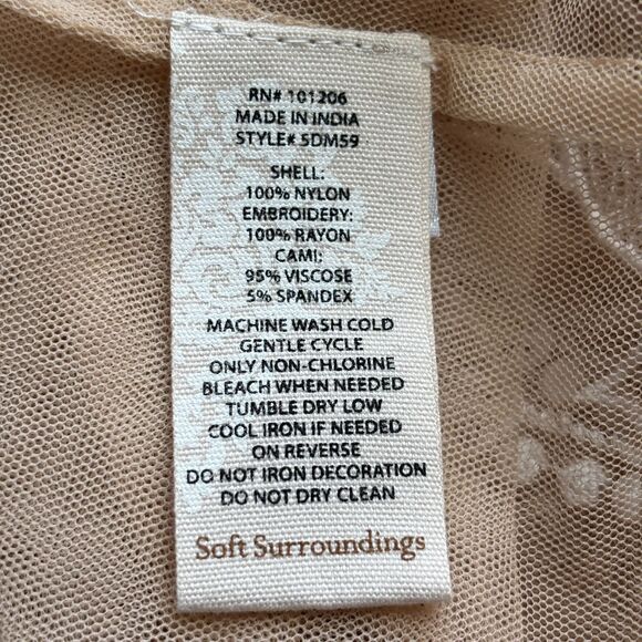 Soft Surroundings Sheer Mesh Embroidered Pleated Tunic Top Beige Size 1X H304 - Picture 7 of 8